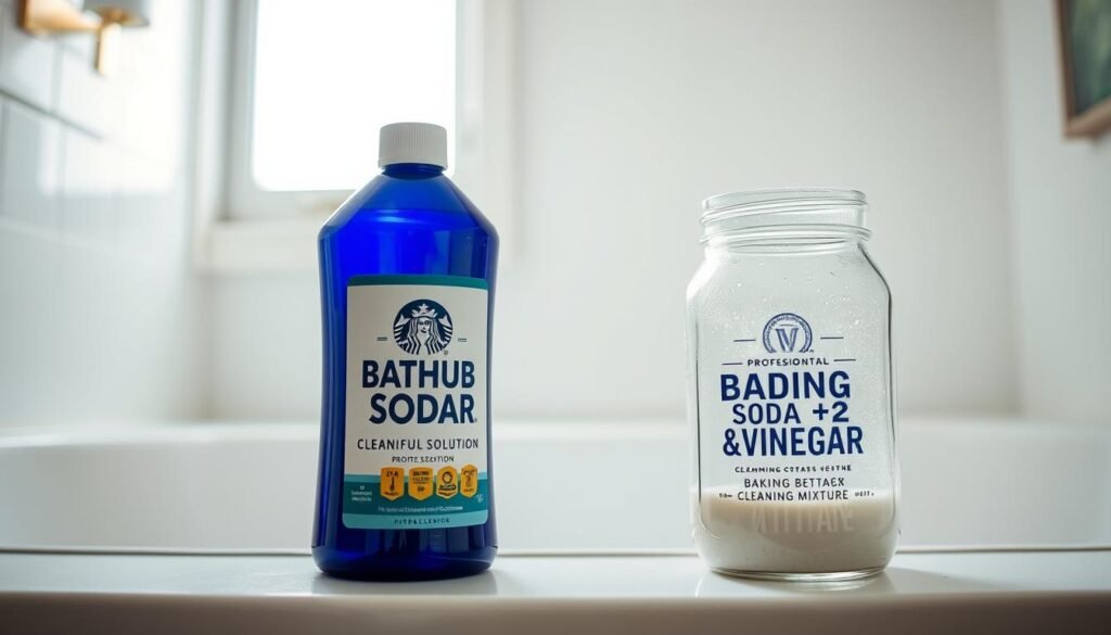 High-resolution image of a professional-grade bathtub cleaning solution and a DIY baking soda and vinegar cleaning mixture, side-by-side against a bright, airy bathroom backdrop. The professional solution is housed in a sleek, branded bottle, while the DIY mixture is in a simple glass jar. The image should clearly convey the difference in the appearance and implied effectiveness between the two approaches to bathtub stain removal. Soft, natural lighting from a window casts an even glow across the scene, emphasizing the clean, orderly atmosphere. The camera angle should be slightly elevated to provide an overview of the comparison.
