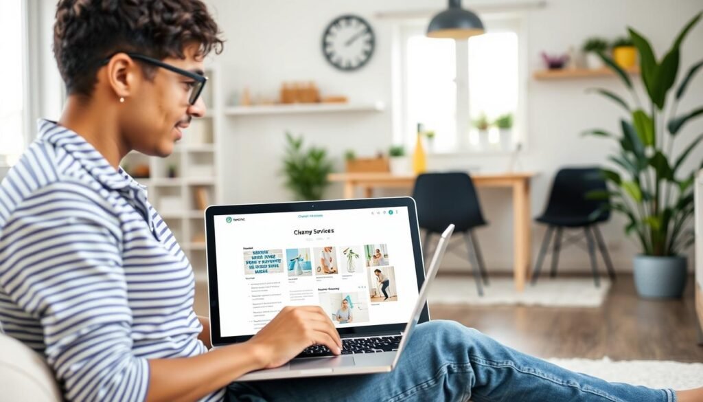 Image of a person researching cleaning services on a laptop with a clean and organized home in the background.