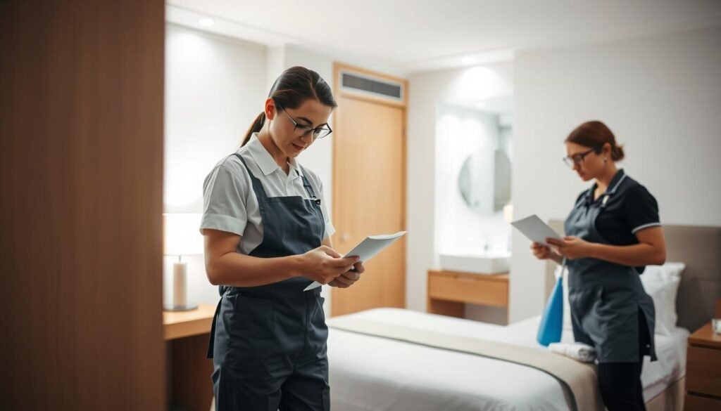 Professional cleaning crew inspecting a recently cleaned hotel room, with a focus on quality assurance. The scene shows two cleaners in uniforms carefully examining surfaces, fixtures, and linens under bright, even lighting that highlights every detail. One is using a checklist, the other is making notes. In the background, a neatly made bed and a spotless bathroom are visible, conveying a sense of cleanliness and attention to detail. The overall mood is one of diligence, thoroughness, and a commitment to delivering high-quality cleaning services.