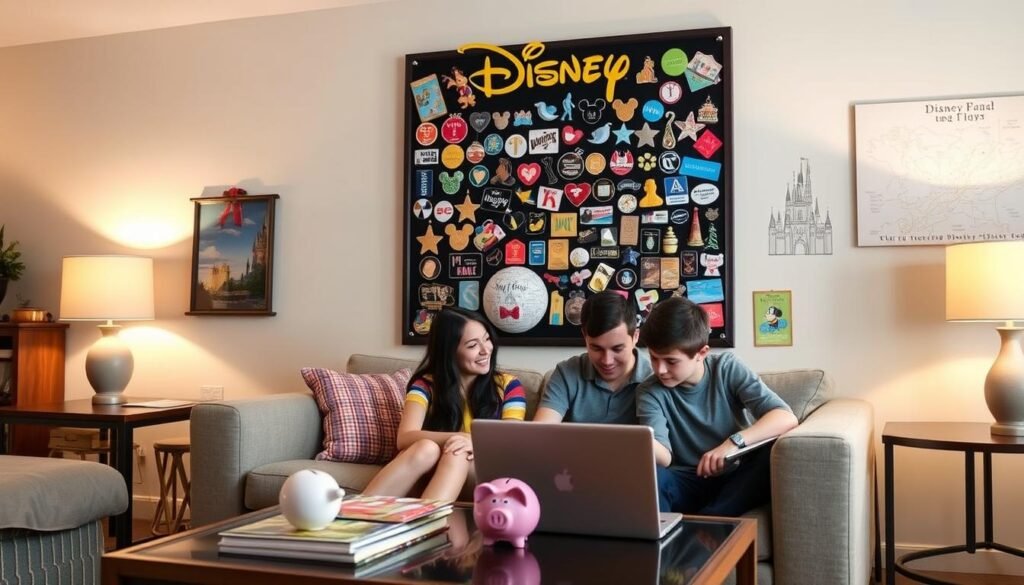 a cozy living room with a large Disney-themed pin board on the wall, displaying a variety of Disney pins, tickets, and memorabilia, reflecting the budget-friendly tips for an affordable Disney vacation; the room has warm lighting, a soft couch, and a coffee table with a Disney guidebook and a piggy bank; in the foreground, a family is gathered around the coffee table, planning their Disney trip on a laptop, with a map of the Disney parks in the background; the overall atmosphere is relaxed and inviting, showcasing the practical and budget-conscious approach to enjoying the magic of Disney.