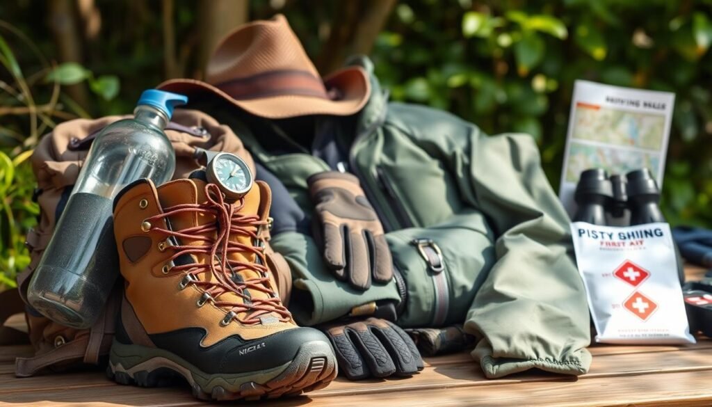 a neatly organized collection of essential hiking gear for exploring the lush, verdant trails of Orlando, Florida. In the foreground, a sturdy pair of hiking boots, a water bottle, and a compass rest on a worn, weathered backpack. The middle ground features a lightweight, breathable hiking jacket, gloves, and a brimmed hat to protect against the warm, sunny conditions. In the background, a hiking map, a first-aid kit, and a pair of binoculars suggest the adventurous and preparatory nature of the scene. The lighting is natural and diffused, creating a sense of warmth and exploration, while the overall composition conveys a sense of functionality and preparedness for the unique hiking experiences that Orlando's trails have to offer.
